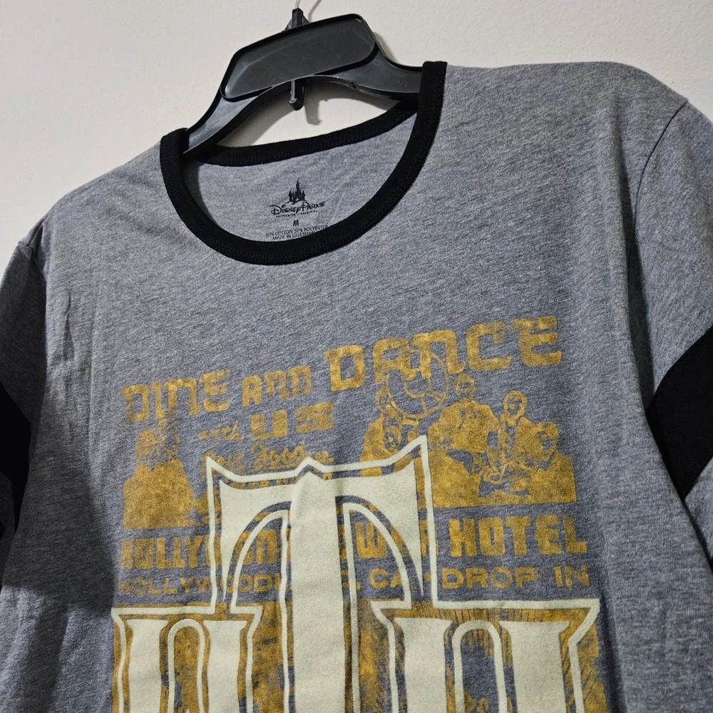 Disney Parks Tower of Terror Dine and Dance Tip Top Club Ringer Tee Gray Black M
